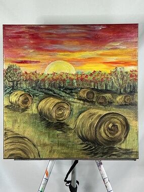 Abstract Golden Harvest Landscape Painting Acrylic Canvas Artwork 20”x20”